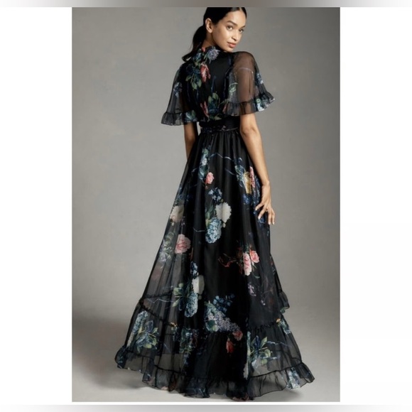Mac Duggal NWT Floral Printed Ruffled High Neck Flutter Sleeve Gown size 14 - Picture 1 of 6